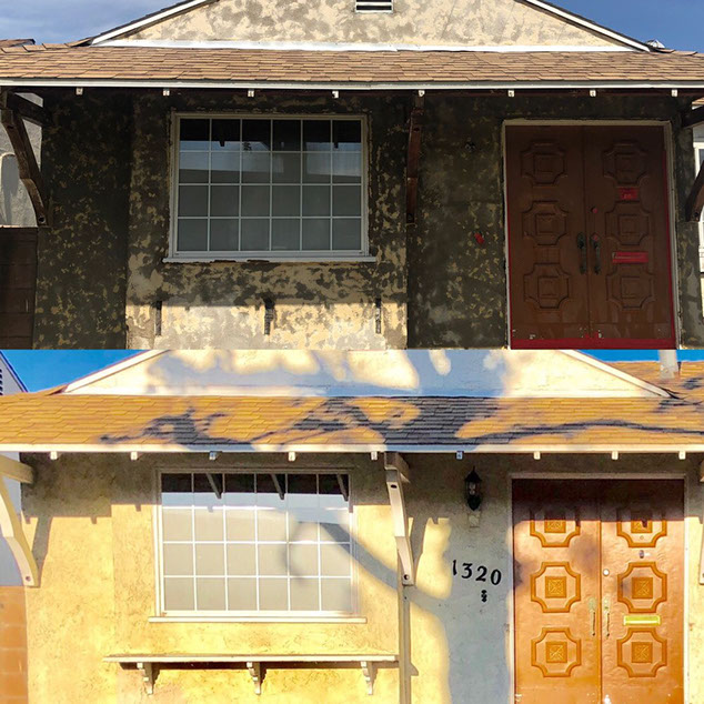 Fachada de casa: arriba con pintura dañada antes, abajo limpia después
