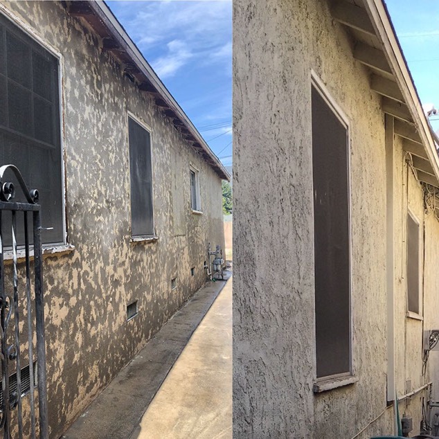 Muro exterior: a la izquierda con pintura dañada antes, a la derecha limpio después
