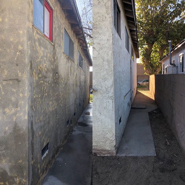 Pasillo lateral de una casa: a la izquierda sucio antes, a la derecha limpio después